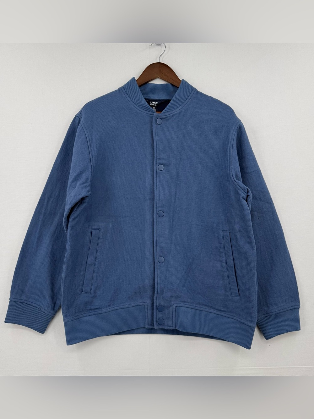 Lands’ End Men’s Blue Cotton Bomber Jacket Size M Snap Front Ribbed Cuffs
